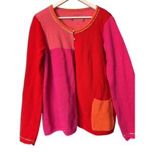 Gudrun Sjoden Cardigan Sweater‎ Sz M Red Pink Colorblock Sequin Trim Cotton Wool
